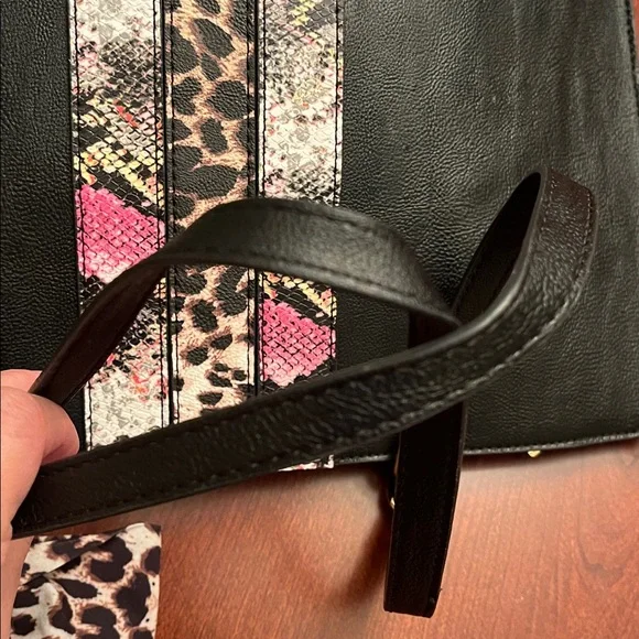 Betsey Johnson Black Tote Bag Leopard & Snake Print Stripe with Bow- EUC - Picture 14 of 16